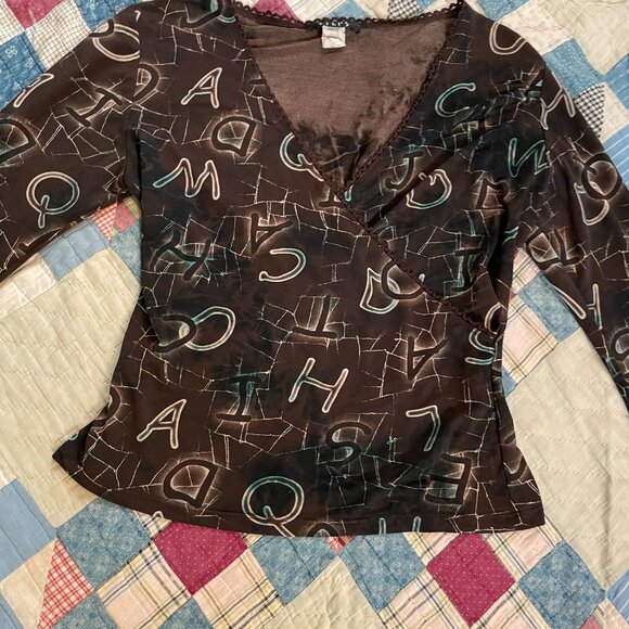 2000s y2k Steps Brand Deep V Wrap Alphabet Print Slinky Knit Bell Sleeve Large - Picture 9 of 16